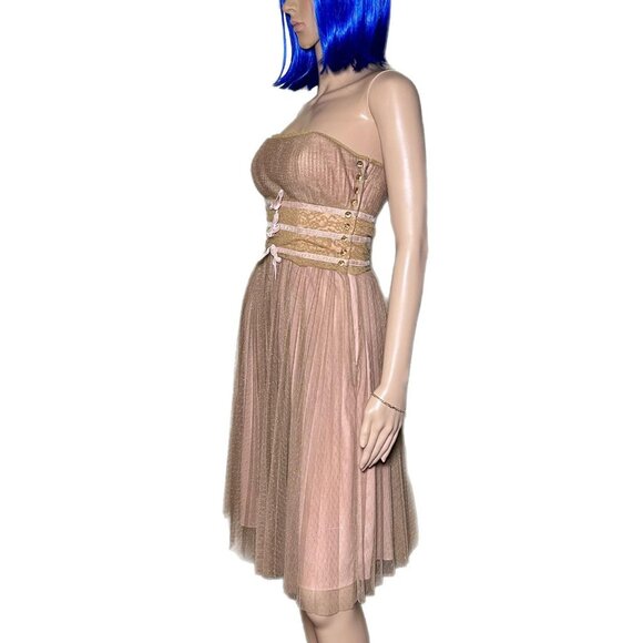 Vintage Betsey Johnson Strapless Olive Green Dress w/ Velvet Bows & Jewel Button - Picture 7 of 8